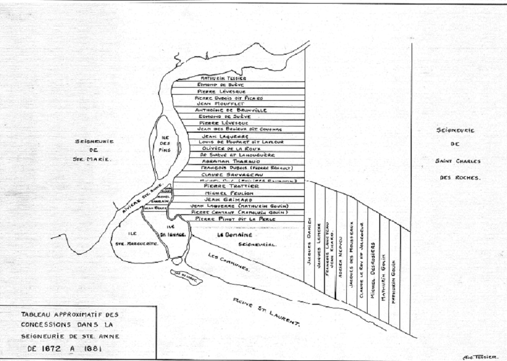 Approximative black and white cadastral map of lands granted in Sainte-Anne seigniory between 1672 and 1681 with the owner’s name on each of them.