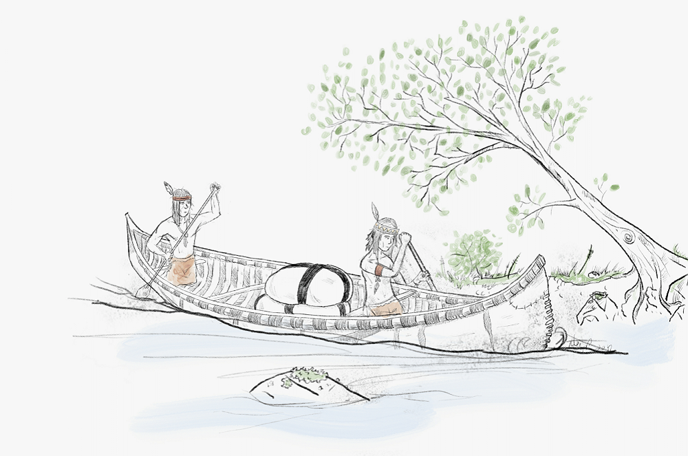 Drawing of two Algonquins approaching île Saint-Ignace on a canoe to participate in Michel Gamelain’s brandy-trading business.