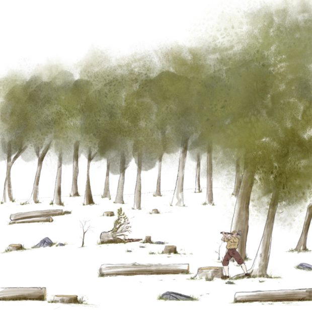 Drawing of Jean Lemoyne in the midst of mature trees clearing his land with an axe.