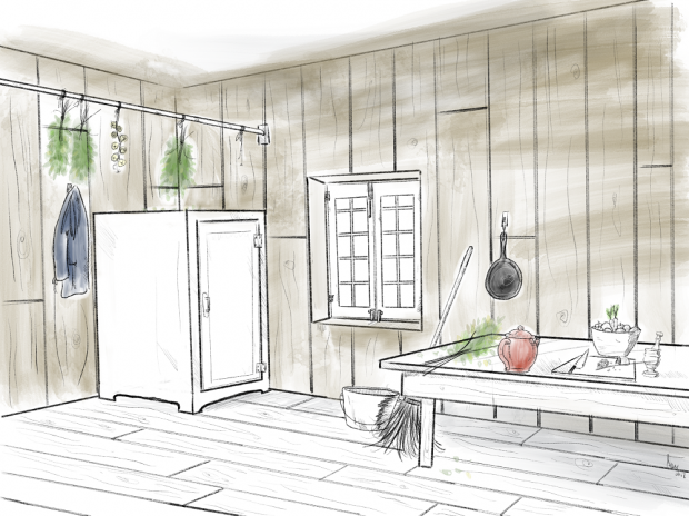 Drawing of Michel Roy’s basic kitchen with a cabinet above which herbs are hanging and a table on which are various vegetables sit in a bowl ready for preparing the meal.