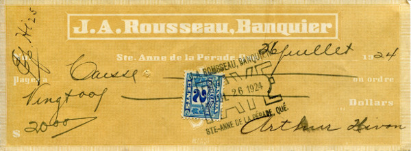 Check from the J A Rousseau bankers’ bank in the amount of twenty dollars dated July 26 1924 and signed by Arthur Hivon.