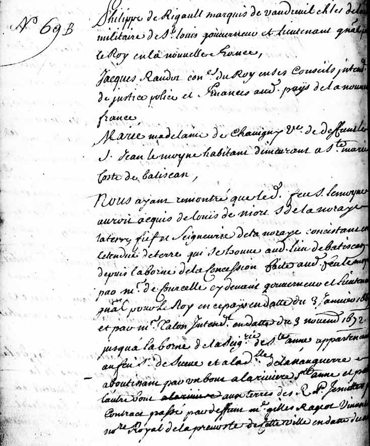 Excerpt from a handwritten archival document from 1711 indicating a land grant by Philippe de Rigaud Marquis de Vaudreuil and governor and by Jacques Raudot intendant of New France to Marie de Chavigny Jean Lemoyne’s widow.