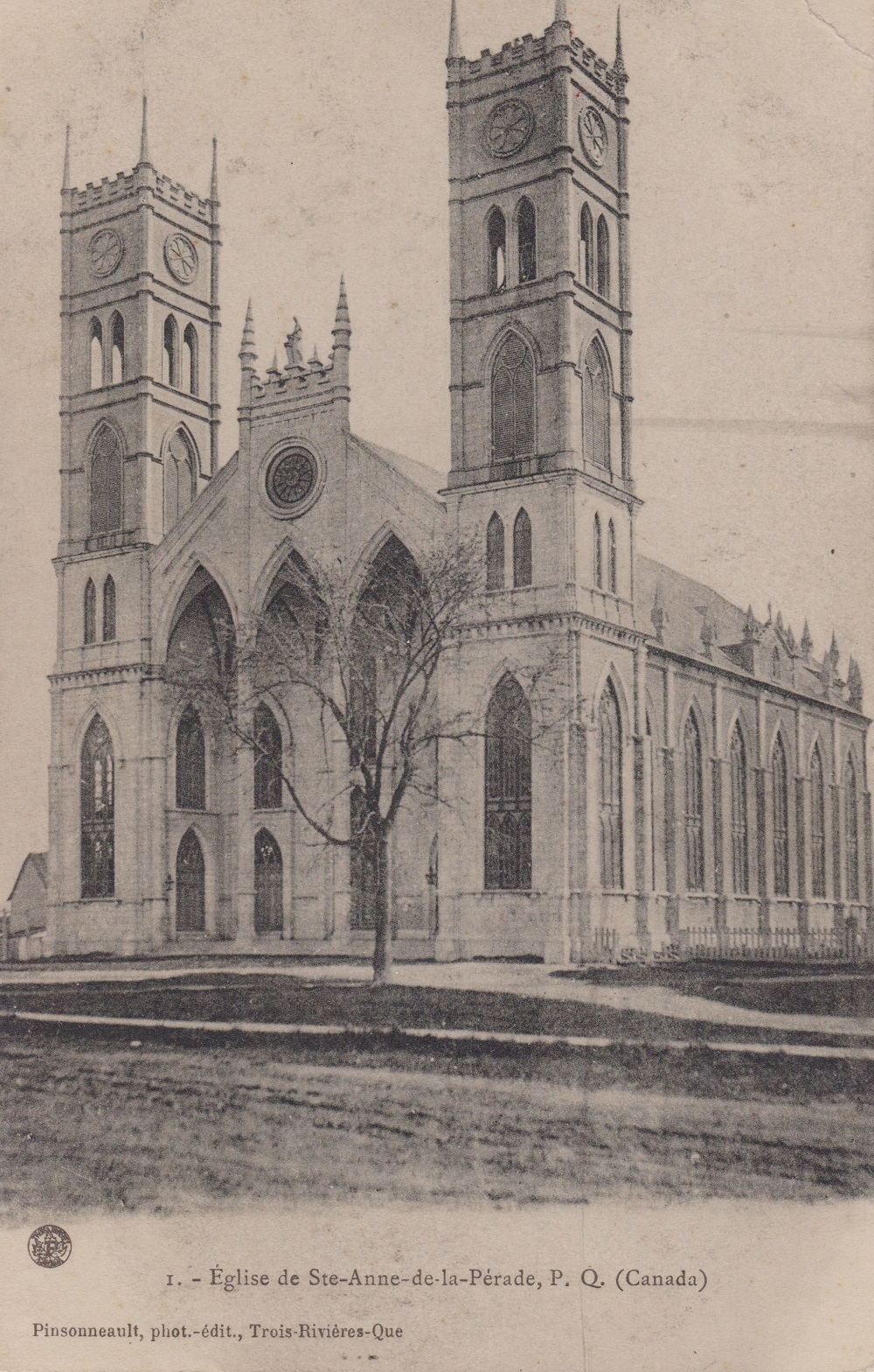 Black and white photograph of Sainte-Anne Church with both bell towers.