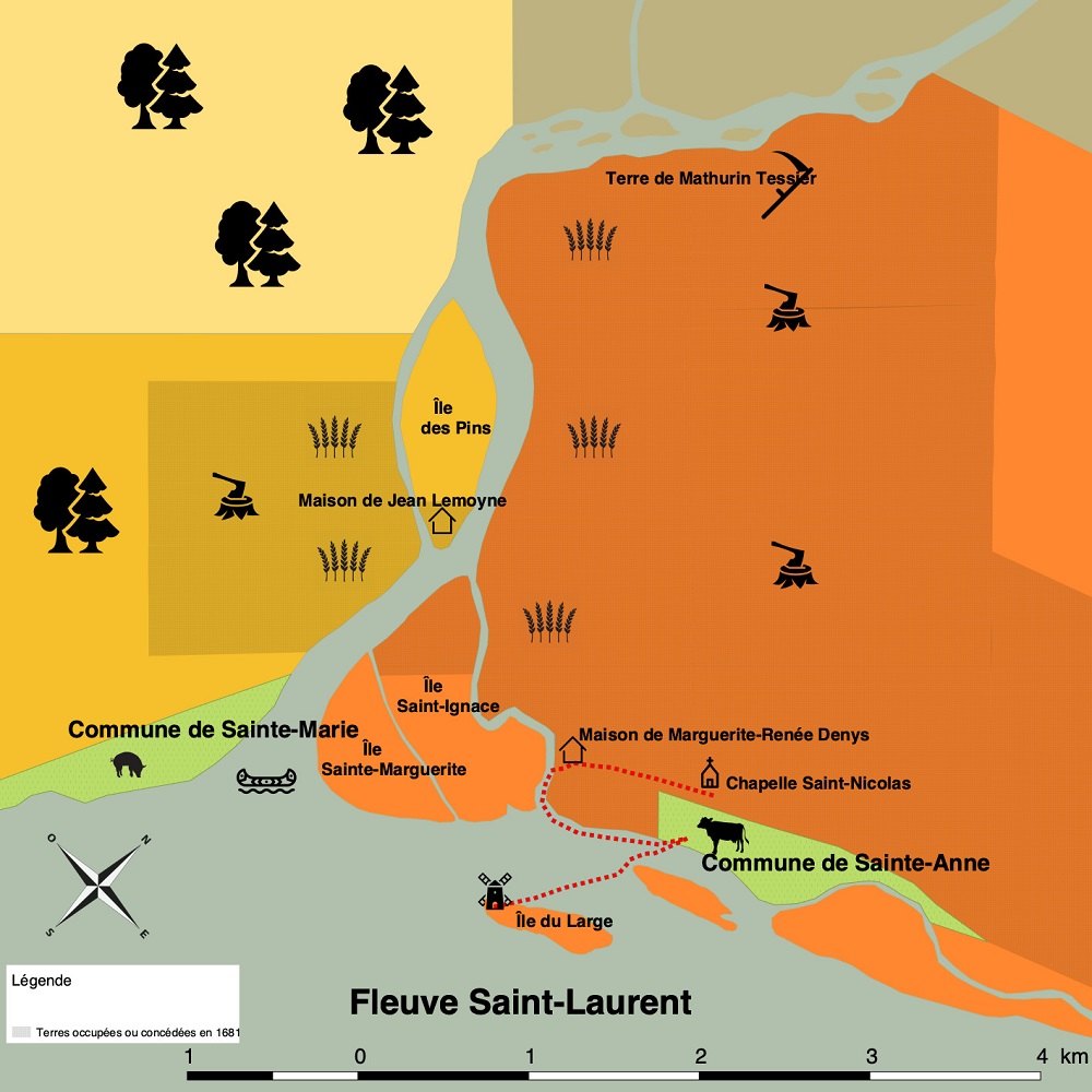 Carte topographique montrant le trajet suivi par Michel Roy le long du chenal Saint-Ignace et vers l’Île du large où se trouve le moulin banal.