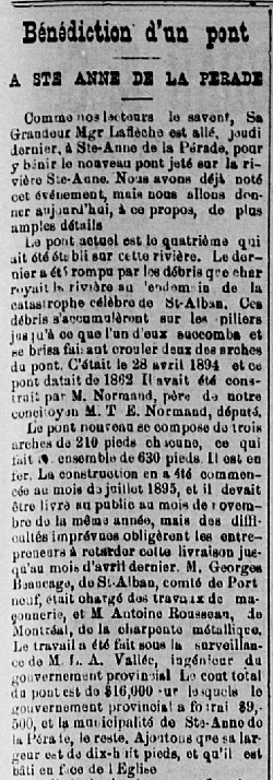 Extrait d’un article de journal rapportant la bénédiction par Monseigneur Laflèche du nouveau pont de Sainte-Anne-de-la-Pérade le 27 mai 1897 et rappelant la destruction de l’ancien pont et les étapes de la construction du nouveau.