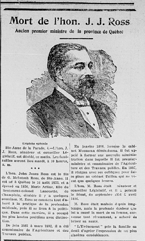 Newspaper clipping announcing the death of the Honourable John Jones Ross former Quebec premier.