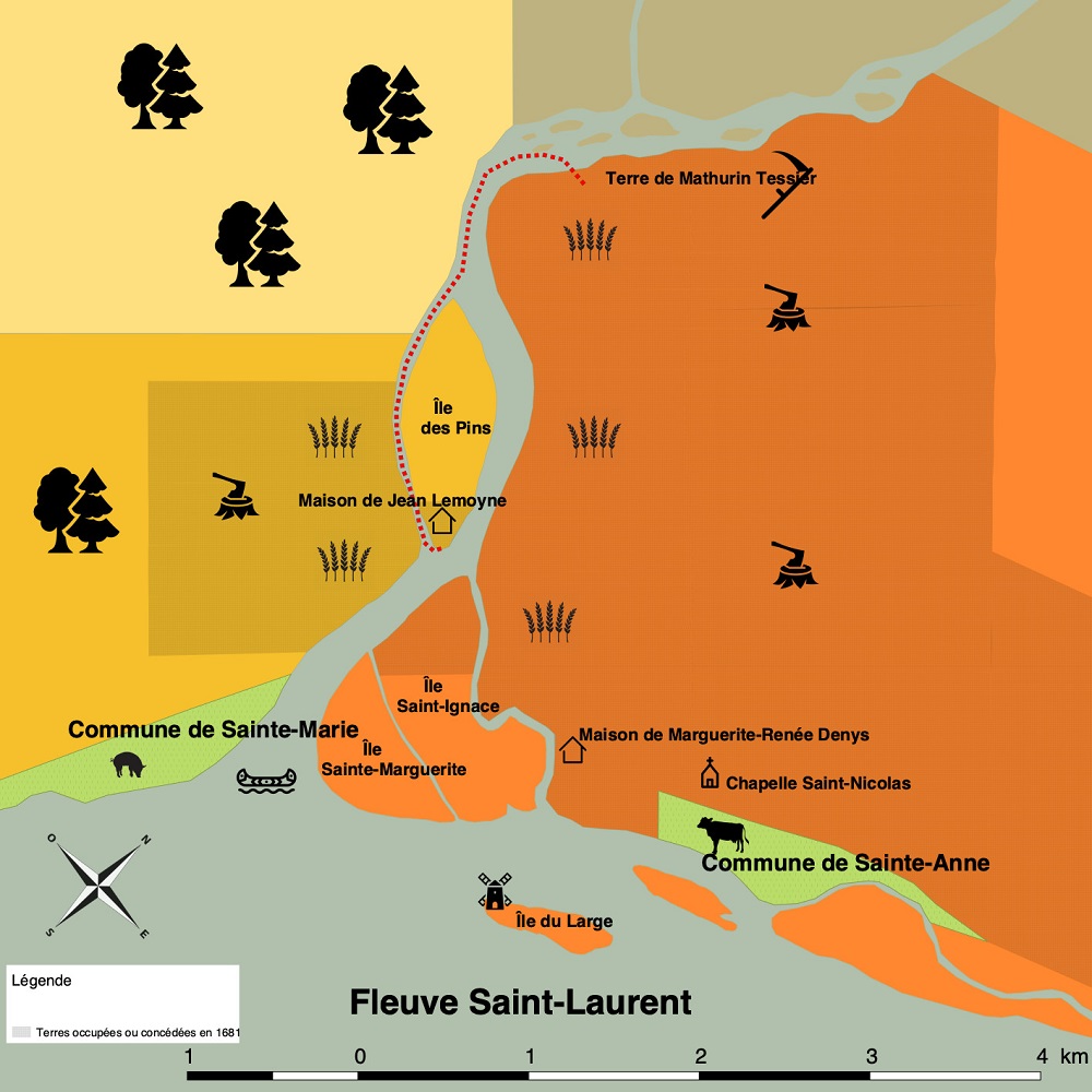 Carte topographique montrant le trajet suivi par Michel Roy de la maison de Jean Lemoyne, située sur l’Île des Pins, jusqu’à la terre de Mathurin Tessier.Carte topographique montrant le trajet suivi par Michel Roy de la maison de Jean Lemoyne située sur l’île des Pins jusqu’à la terre de Mathurin Tessier.