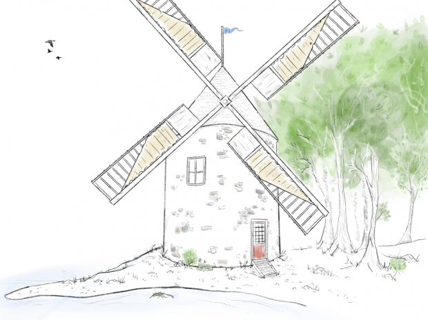 Drawing of the Sainte-Anne seigniory windmill of cylindrical shape with conical roof and four wings located on a shore and at the edge of the forest.