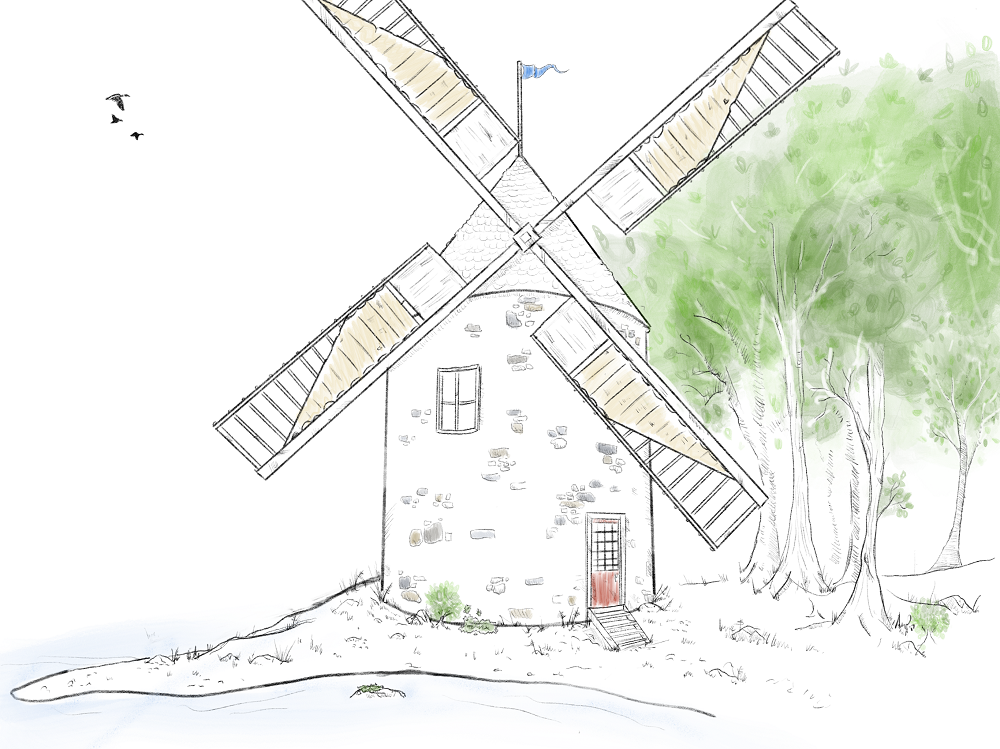 Drawing of the Sainte-Anne seigniory windmill of cylindrical shape with conical roof and four wings located on a shore and at the edge of the forest.