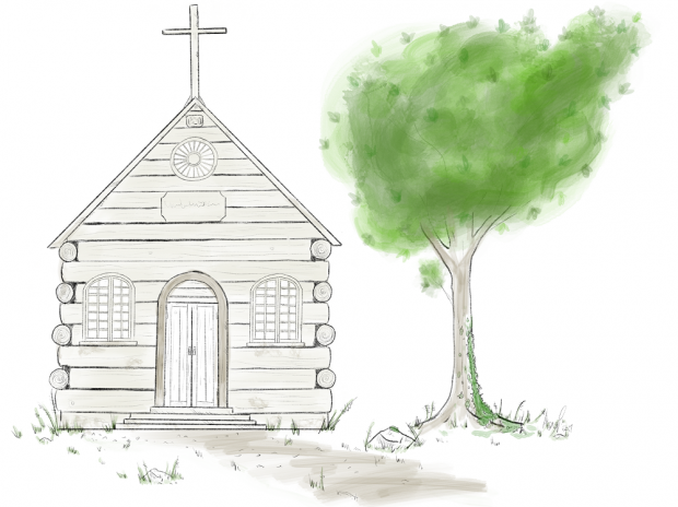 Drawing of a small log chapel crowned by an archway with a window on each side and a bull’s-eye in the gable on top of which a cross appears.