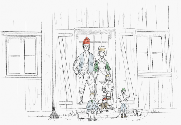 Drawing of Michel Roy said to be Châtellerault with his wife and his four children in front his house’s door.