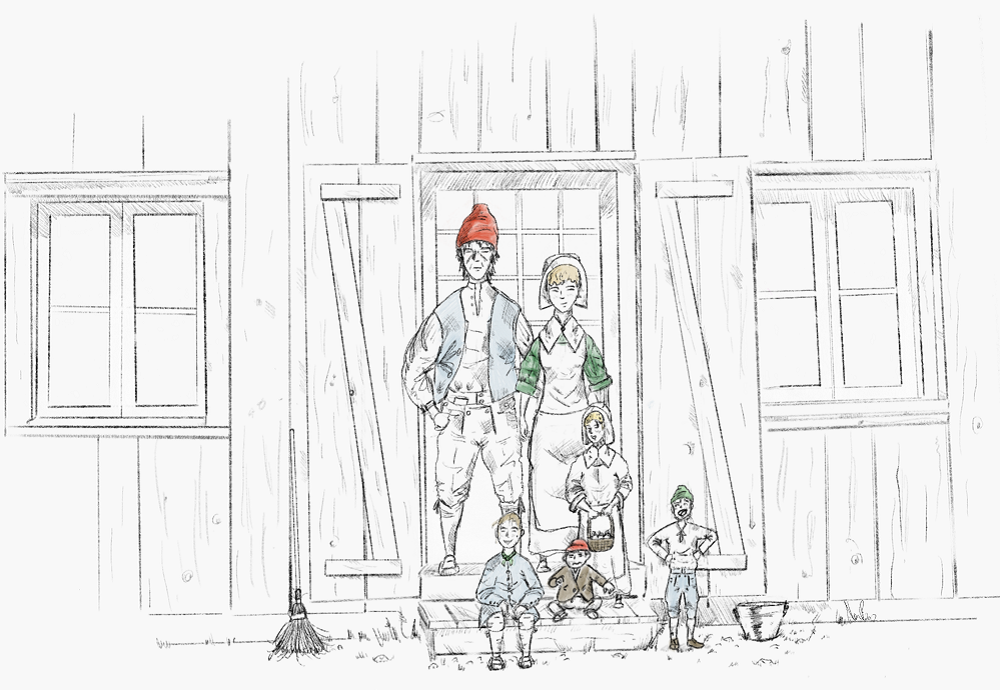 Drawing of Michel Roy said to be Châtellerault with his wife and his four children in front his house’s door.