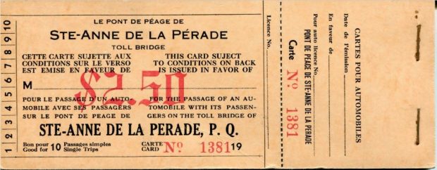 Ticket number 1381 costing $2.50 for the passage of one car including its passengers on the Sainte-Anne de la Pérade toll bridge P Q the text is both in French and English.