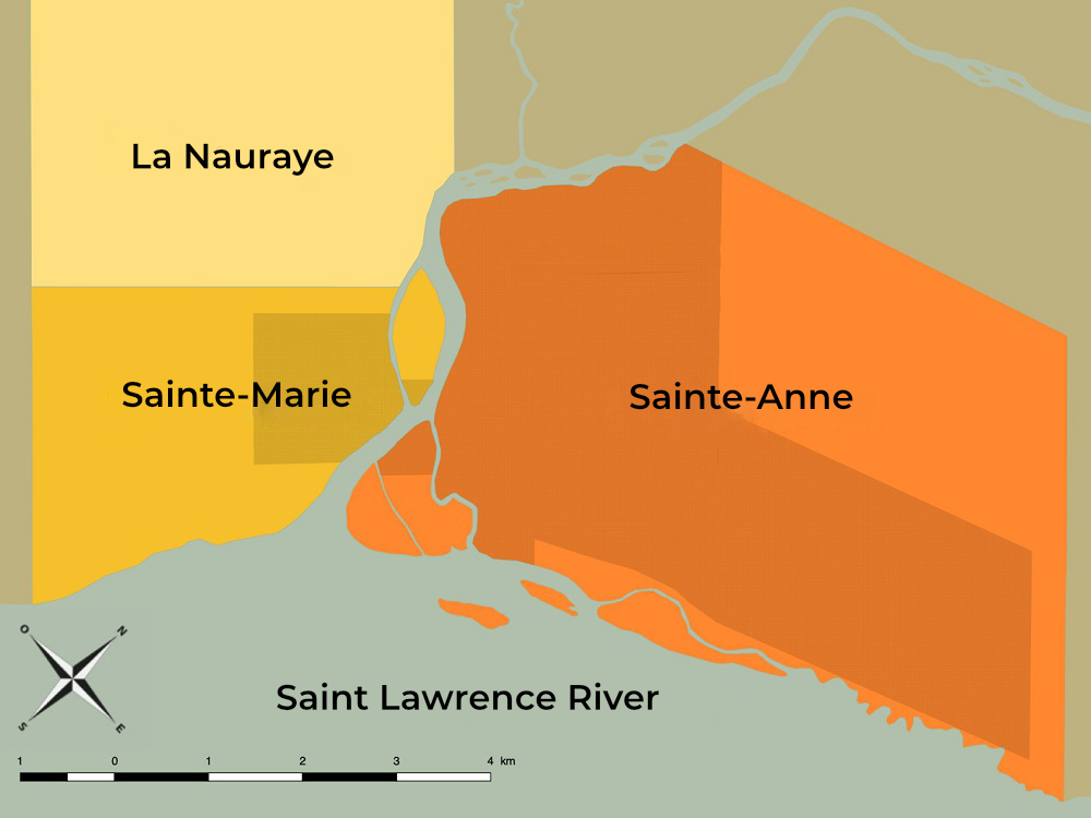 Topographic map of Sainte-Anne Sainte-Marie and La Nauraye seigniories bordering the Sainte-Anne River which flows into the Saint Lawrence River.