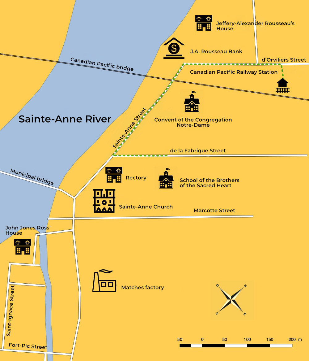 Topographic map showing the path followed by J A Rousseau from the railway station to the Congregation of Notre-Dame’s convent and then to the Brothers of the Sacred Heart school.