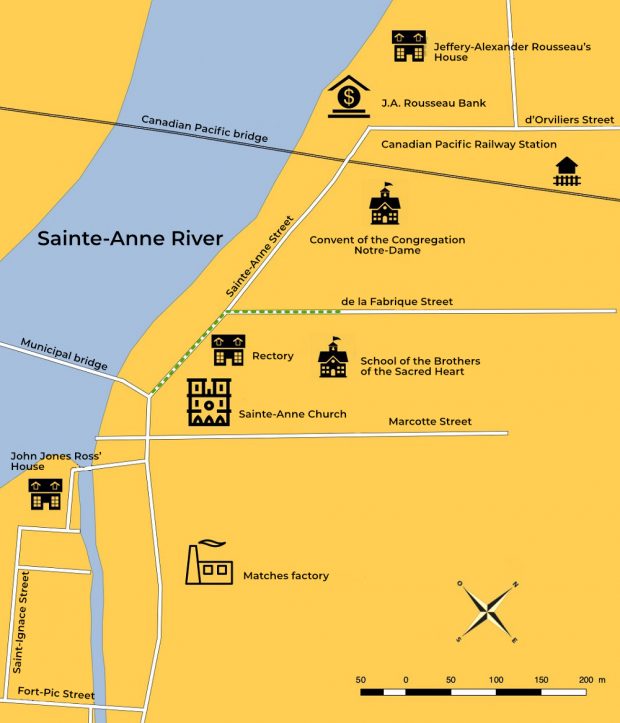 Topographic map showing the path followed by J A Rousseau from Brothers of the Sacred Heart school to Sainte-Anne Church which passed in front of the rectory.