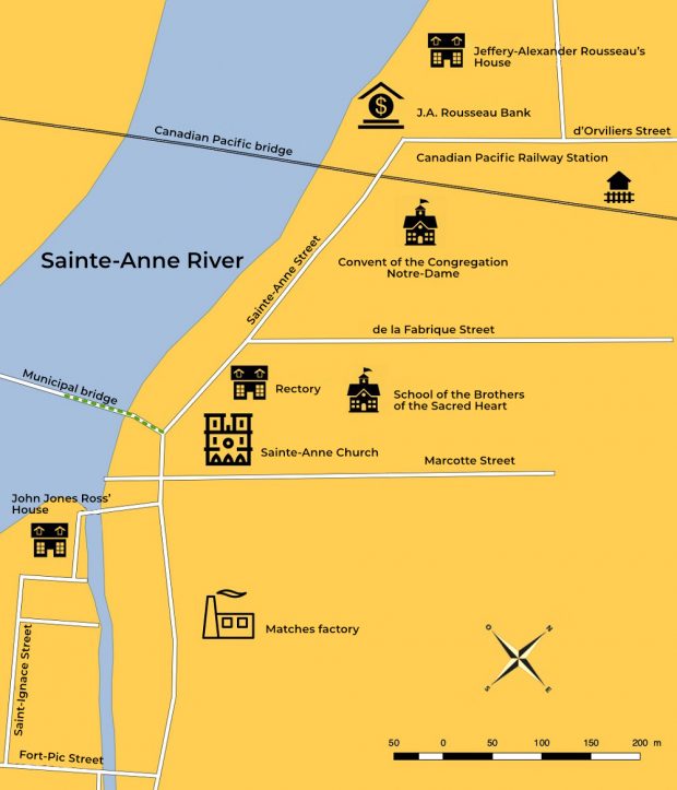 Topographic map showing the path followed by J A Rousseau from Sainte-Anne Church toward the Sainte-Anne River tool bridge built parallel to the railway station.