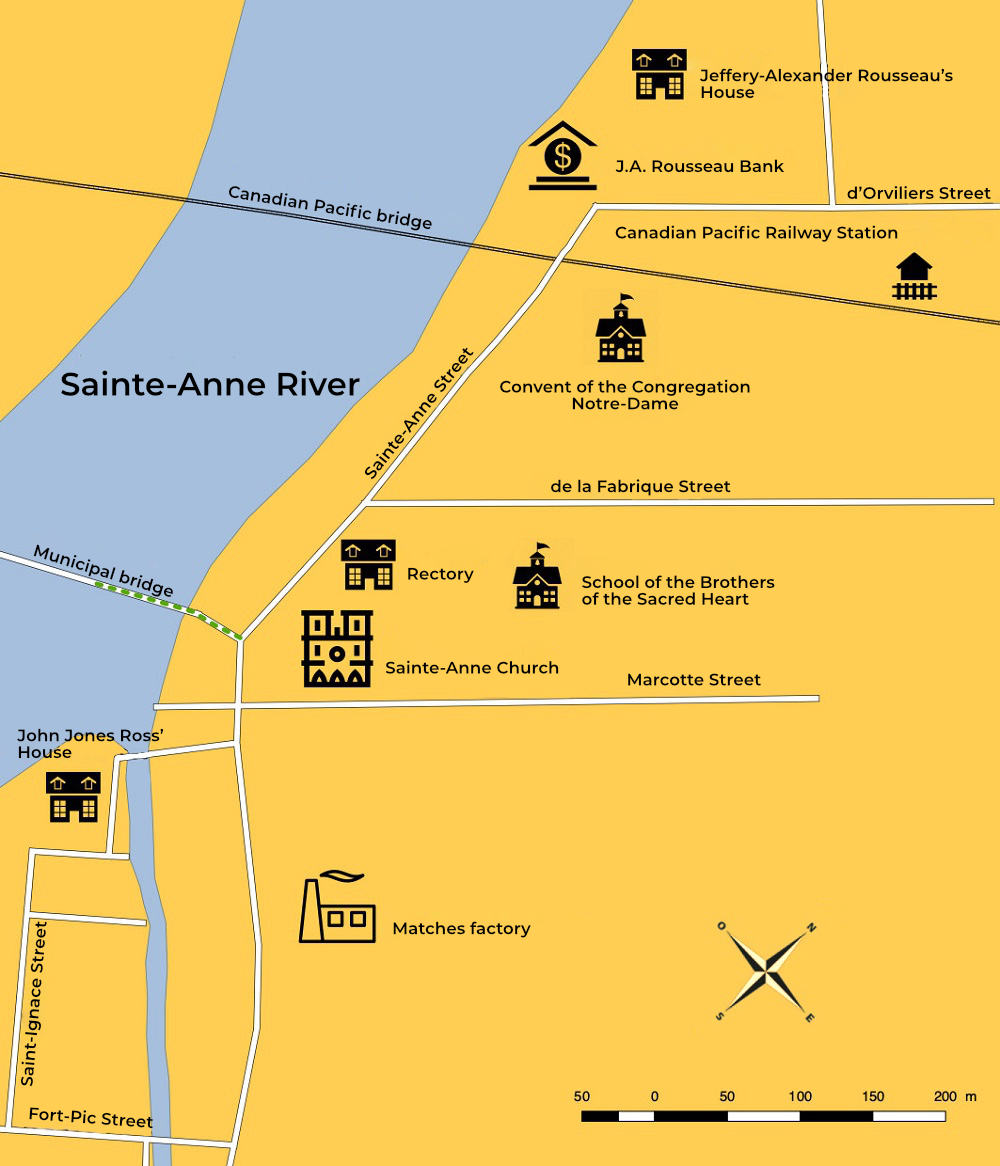 Topographic map showing the path followed by J A Rousseau from Sainte-Anne Church toward the Sainte-Anne River tool bridge built parallel to the railway station.