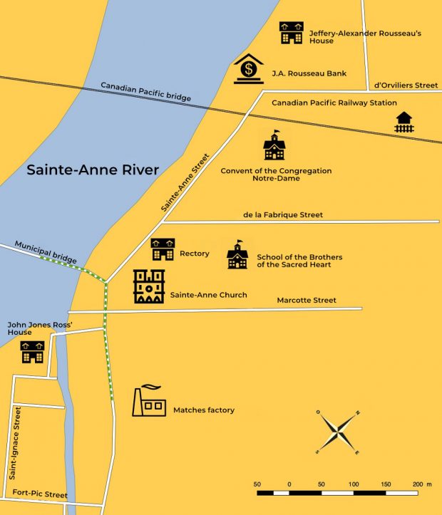 Topographic map showing the path from the municipal bridge to the match factory.