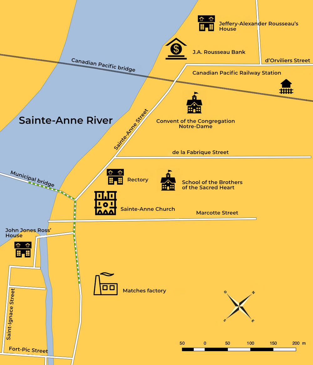 Topographic map showing the path from the municipal bridge to the match factory.