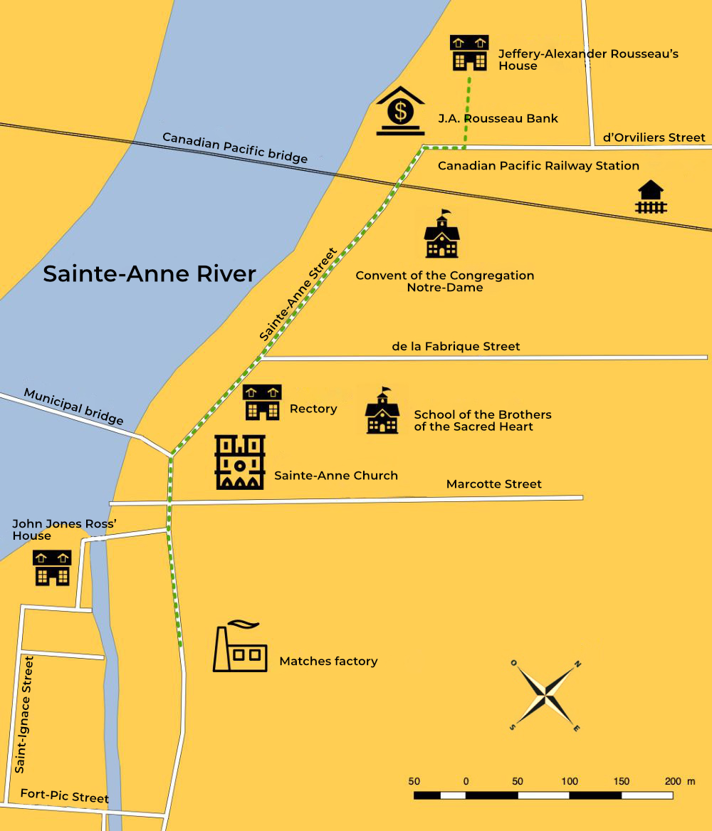 Topographic map showing the path from the match factory to the bank and then to J A Rousseau’s house near the railway station.