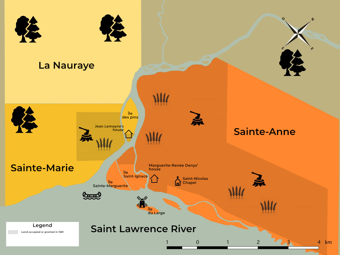 Topographic map of Sainte-Marie and Sainte-Anne seigniories on both sides of the Sainte-Anne River where we can see the location of Jean Lemoyne’s house.