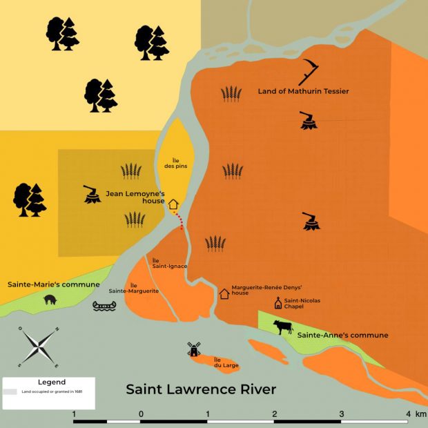 Topographic map showing the path followed by Michel Roy between Île des Pins and île Saint-Ignace.