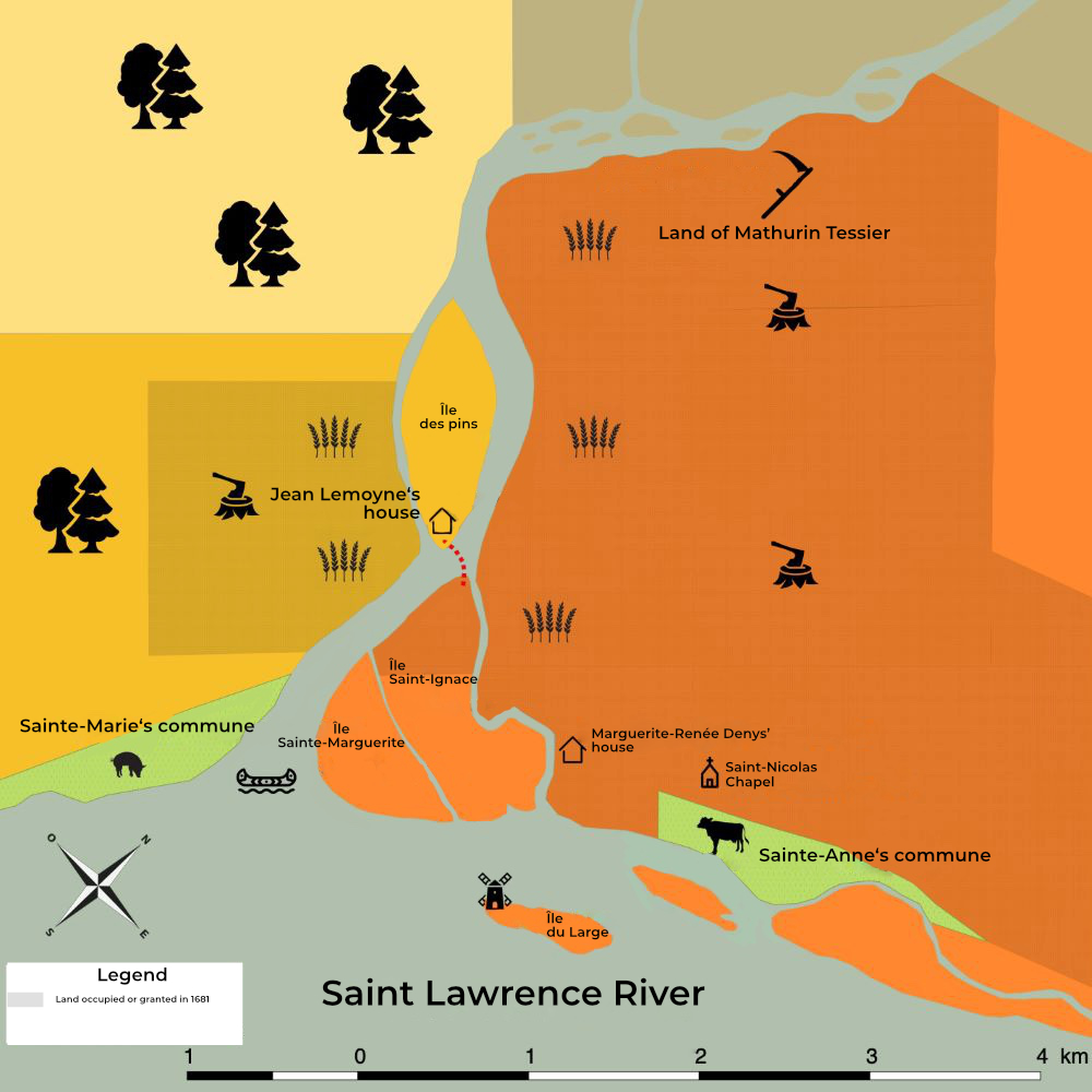 Topographic map showing the path followed by Michel Roy between Île des Pins and île Saint-Ignace.