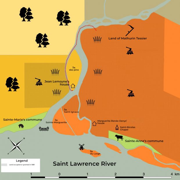 Topographic map showing the path followed by Michel Roy from Jean Lemoyne’s house located on île des Pins to Mathurin Tessier’s land.