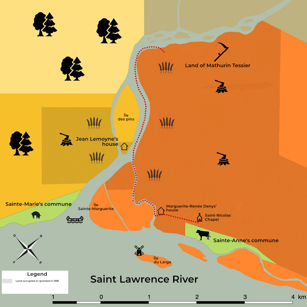 Topographic map showing the path followed by Michel Roy from Mathurin Tessier’s land to Saint-Nicolas Chapel.