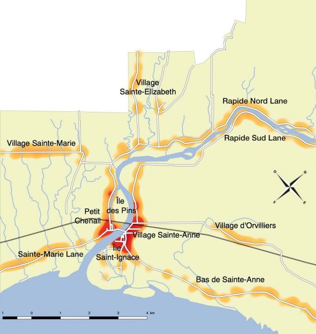 Geographic map of Sainte-Anne Sainte-Marie Sainte-Elisabeth and d’Orvilliers villages of Sainte-Marie Rapide Sud and Rapide Nord lanes of îles Saint-Ignace and île des Pins of Petit Chenail and Lower Sainte-Anne showing the population density by zone with red and orange color marks.