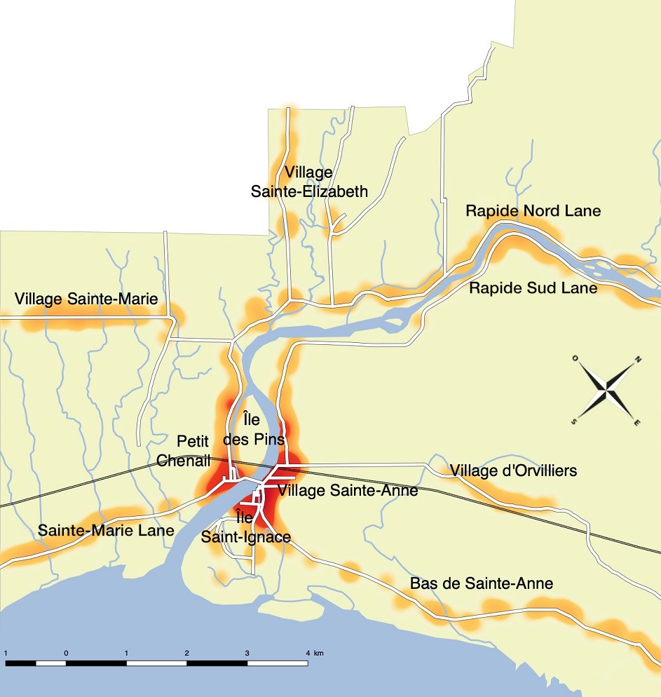 Geographic map of Sainte-Anne Sainte-Marie Sainte-Elisabeth and d’Orvilliers villages of Sainte-Marie Rapide Sud and Rapide Nord lanes of îles Saint-Ignace and île des Pins of Petit Chenail and Lower Sainte-Anne showing the population density by zone with red and orange color marks.