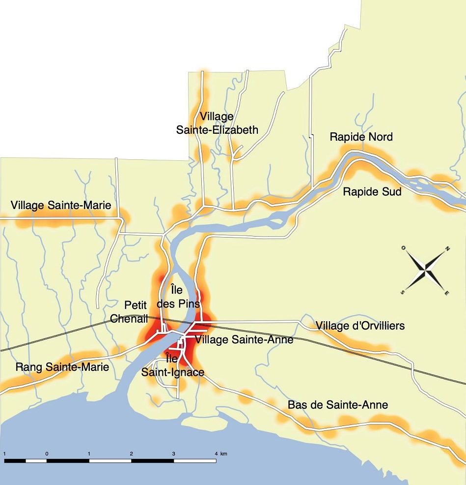 Carte géographique des villages Sainte-Anne Sainte-Marie Sainte-Elisabeth et d’Orvilliers des rangs Sainte-Marie Rapide Sud et Rapide Nord des îles Saint-Ignace et des Pins du Petit Chenail et du Bas de Sainte-Anne indiquant la densité de population par secteur avec marques de couleur rouge et orange.