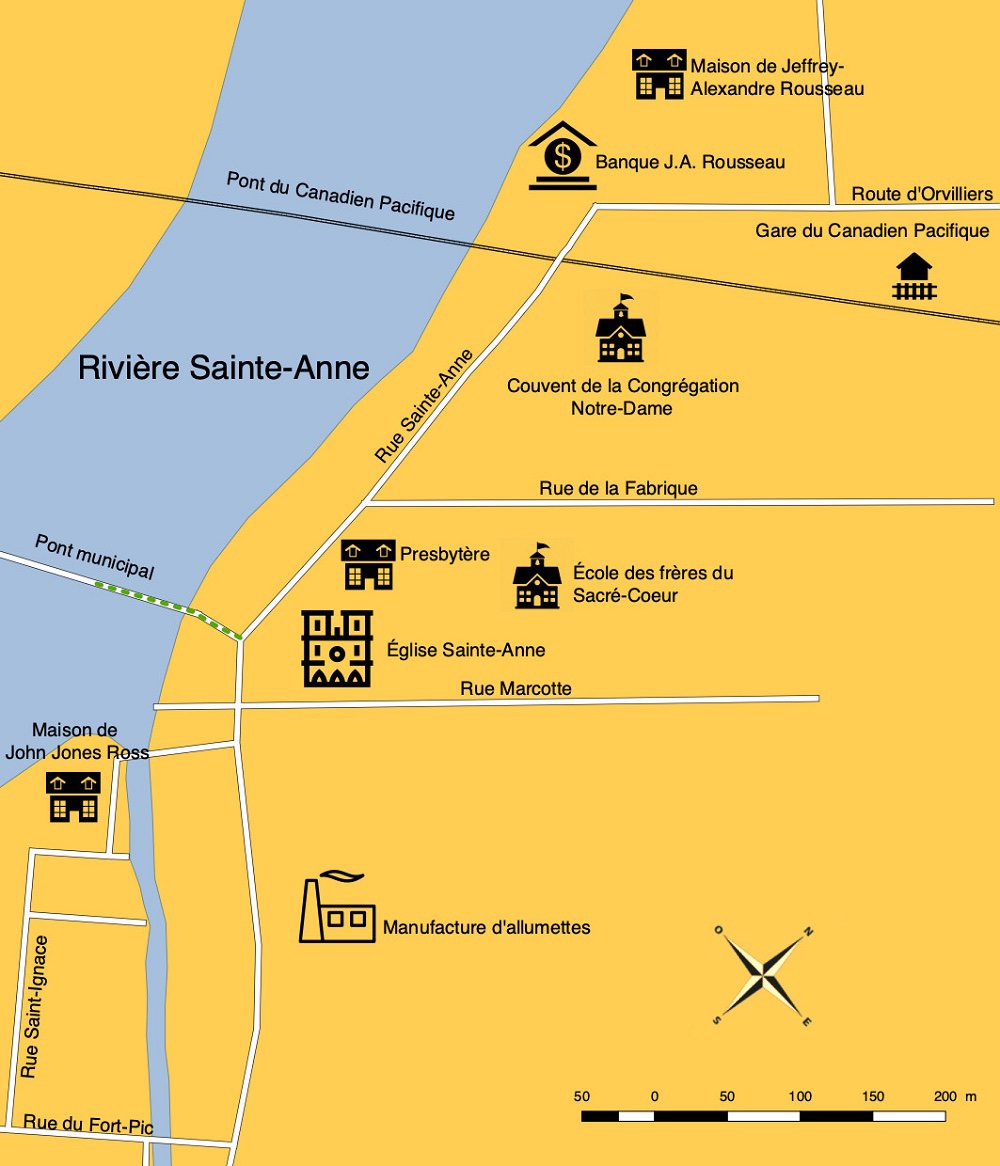 Carte topographique indiquant le trajet suivi par J A Rousseau de l’Église Sainte-Anne vers le pont à péage sur la rivière Sainte-Anne, construit parallèlement au pont ferroviaire.