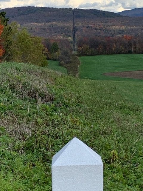 A strip of land cleared of trees serves as the border.