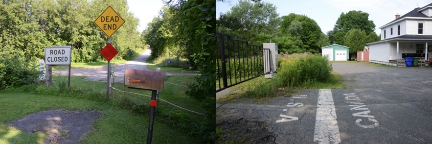 In the photo at left, small road signs block the way to the border; on the right, the border is indicated by a simple strip of paint on the ground. One side reads Canada and the other U.S.A.