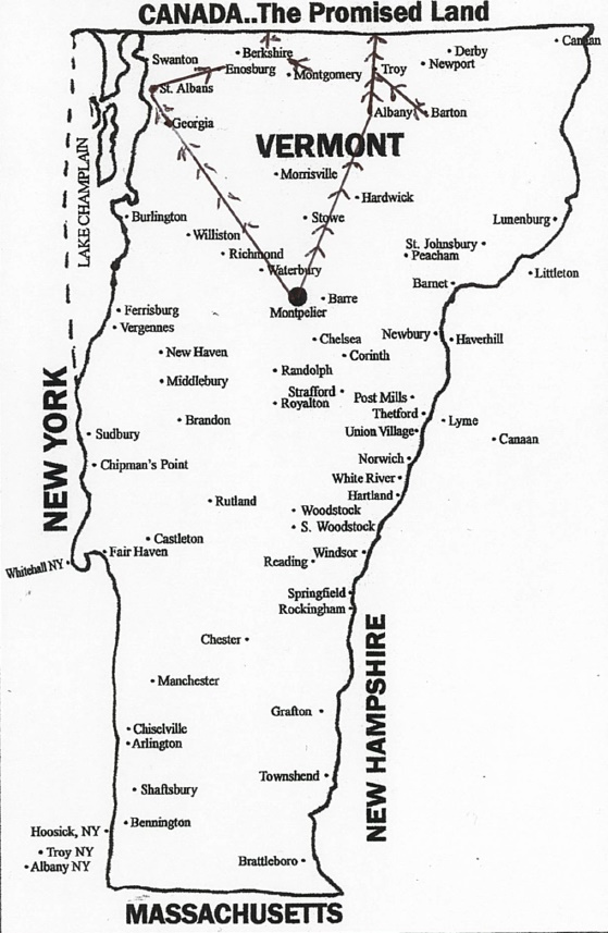 This map shows the route the Underground Railroad takes through Vermont. At Monpellier it splits into two branches; the western branch reaches Canada near Frelighsburg. The eastern branch crosses the border south of Sutton and Potton Townships.