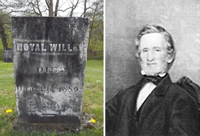 At left is Royal Willey’s gravestone. On the right, a portrait of James Willey.