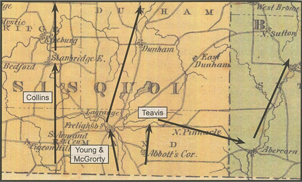 The map identifies each group’s escape route. The westernmost, under Sergeant Collins, crosses the border at St-Armand; the second, identified as Young and McGrorty's, crosses at Freligsburgh; the third, led by Teavis, enters at Abbot's Corner, skirts Mount Pinnacle, reaches Abercorn and then heads north up the Sutton River Valley.