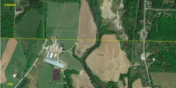 Arial view of the Hurtubise property showing that the 45th Parallel splits the farm and their house in two.