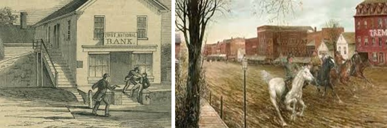 Left photo: In front of the First National Bank, two robbers, pistol in hand, threaten a man in their path; Right photo: Three of the robbers escape on horseback.