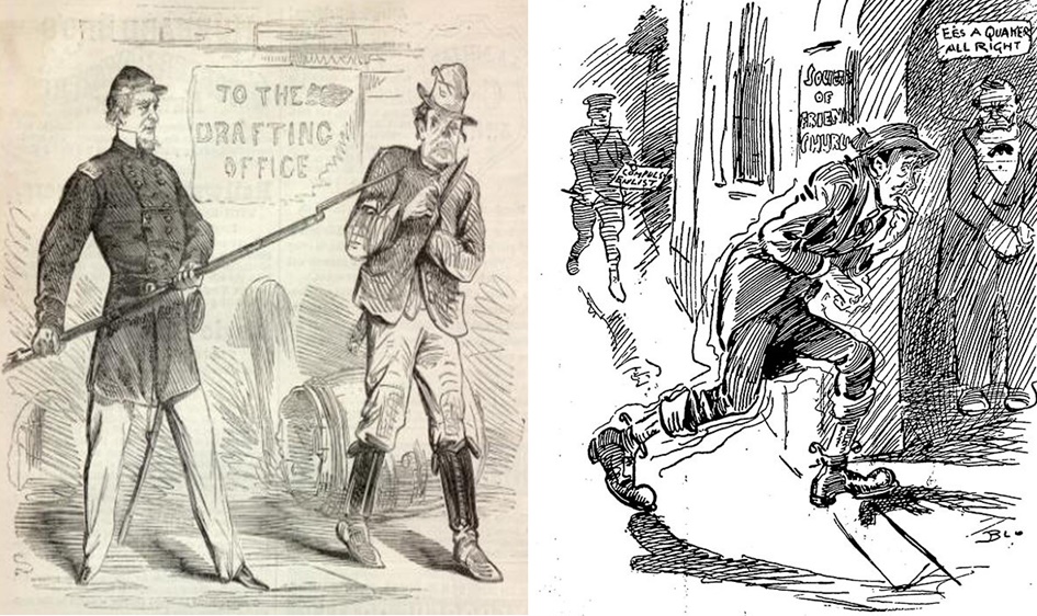 The cartoon on the left shows a soldier using his bayonet to push along a conscript; the one on the right shows a conscript taking refuge in a church.