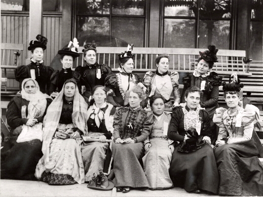 A group of 13 delegates in Toronto at the 1887 convention of the Woman’s Christian Temperance Union (WCTU).