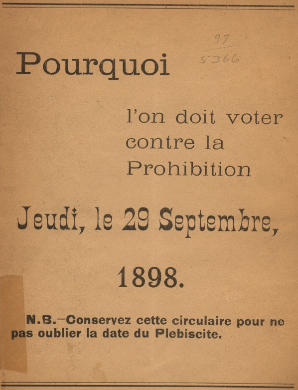 Cover page of a pamphlet distributed by prohibition opponents to encourage people to vote on 29 September 1898.