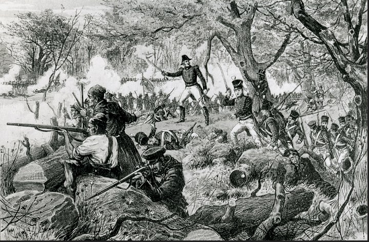An engraving of soldiers in action during the 1812 Battle of Châteauguay.
