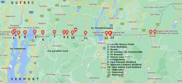 Map showing 13 customs posts on the Canada-U.S. border between Lake Champlain and Lake Memphremagog. From left to right: Lacolle-Rouses Point, Haut Richelieu, Noyan, Saint-Georges de Clarenceville, Saint-Armand, Morse’s Line, East-Pinnacle-Richford, Abercorn (Sutton)-Richford, Glen Sutton-Richford, Highwater, Stanstead and Stanstead.