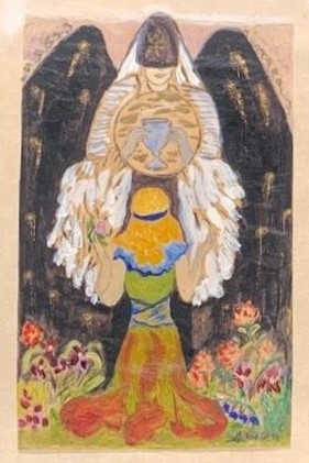 Litrík málning eftir Lauru Goodman Salverson frá árinu 1948 sem sýnir konu á kné í blómlegum garði með hendurnar lyftar til dularfullrar, vængjaðrar veru. Veran fyrir ofan hana hefur dökka vængi, flæðandi hvít klæði og hringlaga tákn sem sýnir vogarskálar og vatnskrús. Myndin er umlukin djúpum litbrigðum og blómamynstri.