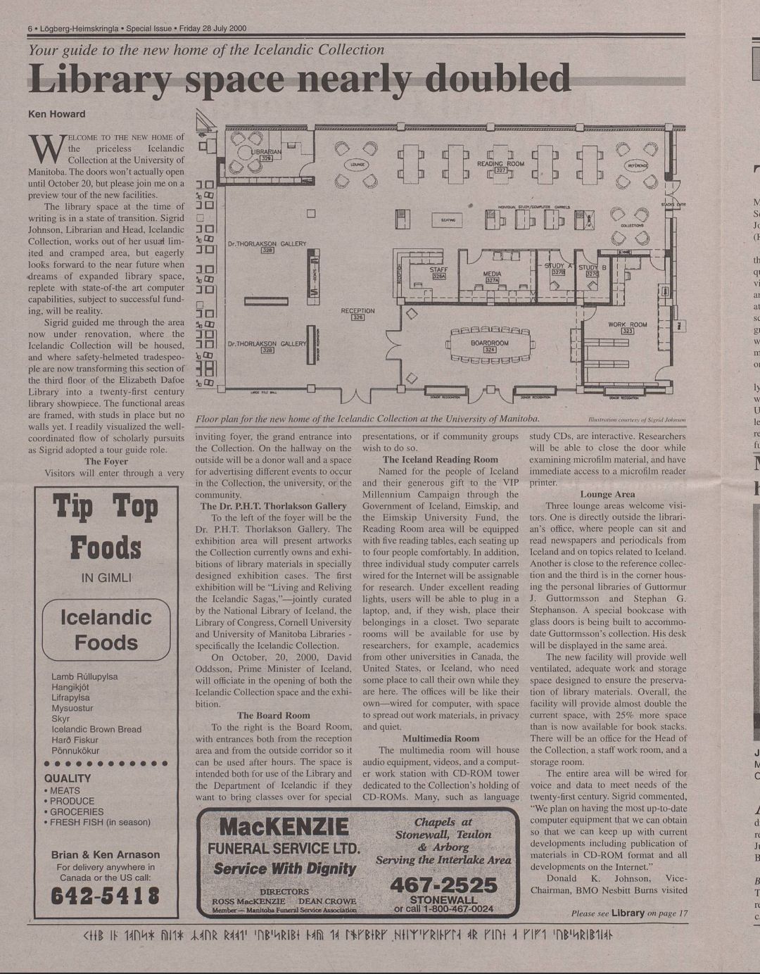 A newspaper article titled Library space nearly doubled from Lögberg-Heimskringla, dated July 28, 2000. The article features a floor plan of the Icelandic Collection’s expanded space at the University of Manitoba, showing rooms such as the Iceland Reading Room, Thorlakson Gallery, study rooms, and work areas. The text describes the new amenities, and ads for Icelandic foods and local businesses appear in side columns.