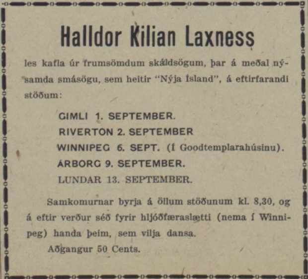 A 1927 Icelandic newspaper ad listing Halldór Kiljan Laxness’s reading tour schedule in Manitoba. Dates include Gimli (Sept. 1), Riverton (Sept. 2), Winnipeg (Sept. 6), Arborg (Sept. 9), and Lundar (Sept. 13). The ad notes that readings start at 8:30 p.m., followed by music and dancing, and mentions 50-cent admission. The ad is bordered with a simple decorative line.