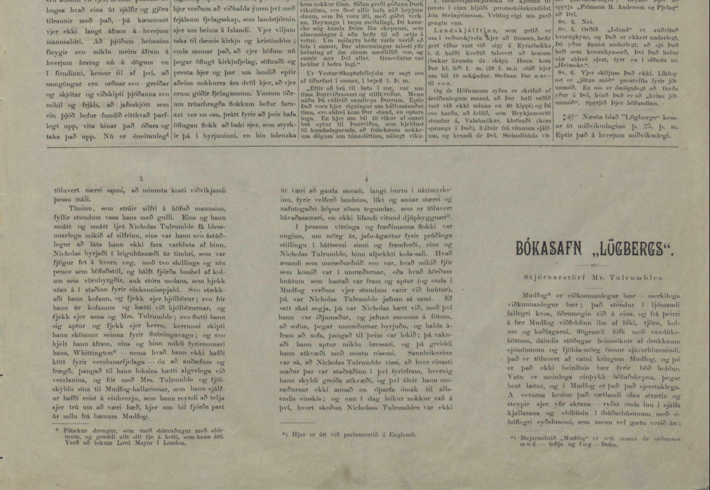 The bottom half of a page of Icelandic-language newsprint. The upper portion of print is divided in five columns. The lower portion is divided into three columns.